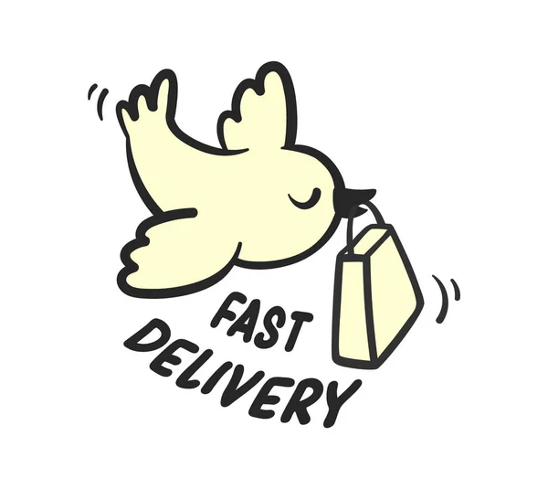 Logo kuş hızlı teslimat. Kuş taşımak çanta ve sinek. Elle çizilmiş kroki kontur karikatür tarzı.