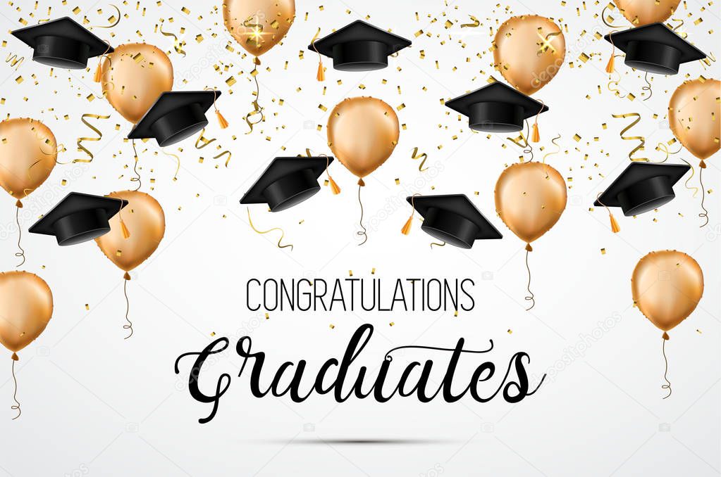 Graduation class of 2018. Congratulations graduates. Academic hats, confetti and balloons. Celebration. .