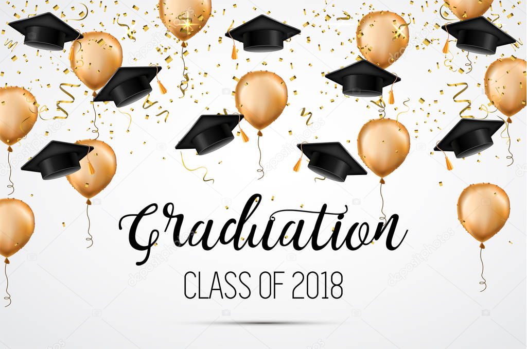 Graduation class of 2018. Congratulations graduates. Academic hats, confetti and balloons. Celebration. .