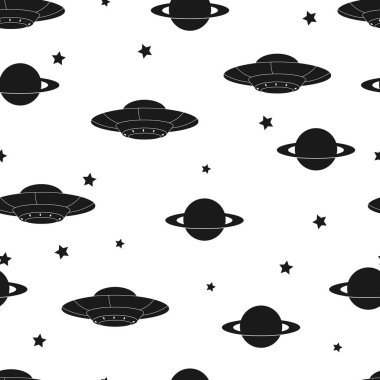 Alan arka plan. Seamless modeli ile karikatür ufo, gezegen, yıldız. Siyah ve beyaz. Vektör