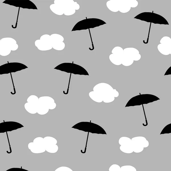 Дождь, облака и зонтики. Бесшовный шаблон. Вектор — стоковый вектор