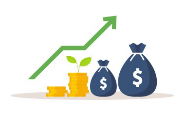 Yeşil bitki ve altın para paralar. Para büyüme. Vektör çizim