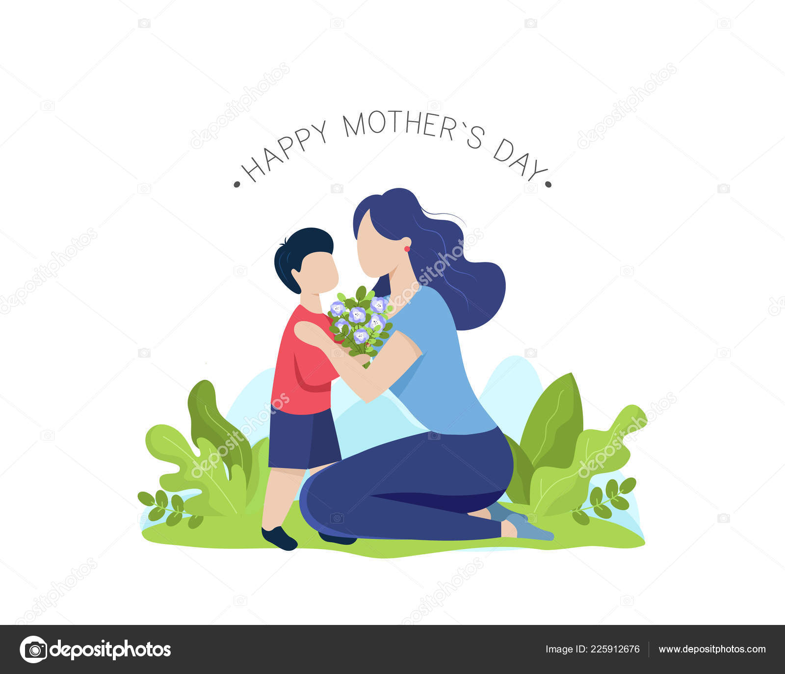 Mother Son Flower Bouquet Happy Mothers Day Greeting Card Vector