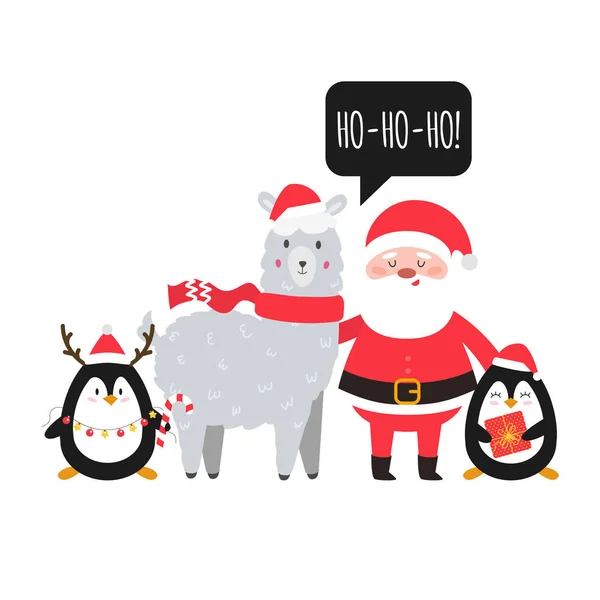 Santa Lama Pinguïns Schattige Kerstmis Dieren Met Santa Nieuwjaar Kerstmis — Stockvector