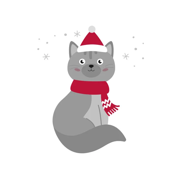 Gato Inverno Gato Cinzento Com Cachecol Chapéu Neve Isolado Branco —  Vetores de Stock