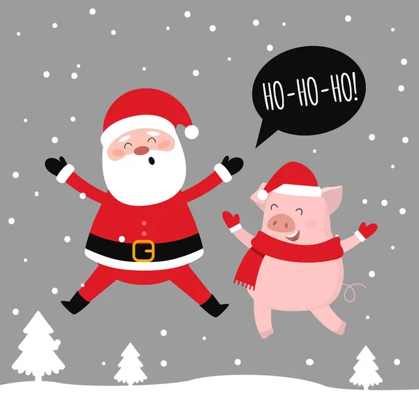 Frohe Weihnachten Weihnachtsmann Und Schwein Haben Spaß Zusammen Vektorillustration — Stockvektor