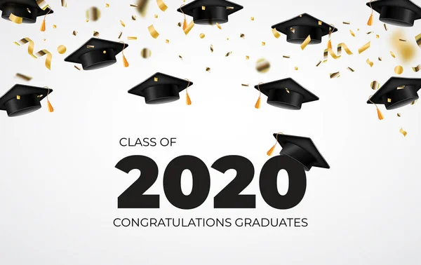 Clase de 2020. Felicidades, graduados. Las gorras de graduación vuelan. Confetti. . — Archivo Imágenes Vectoriales