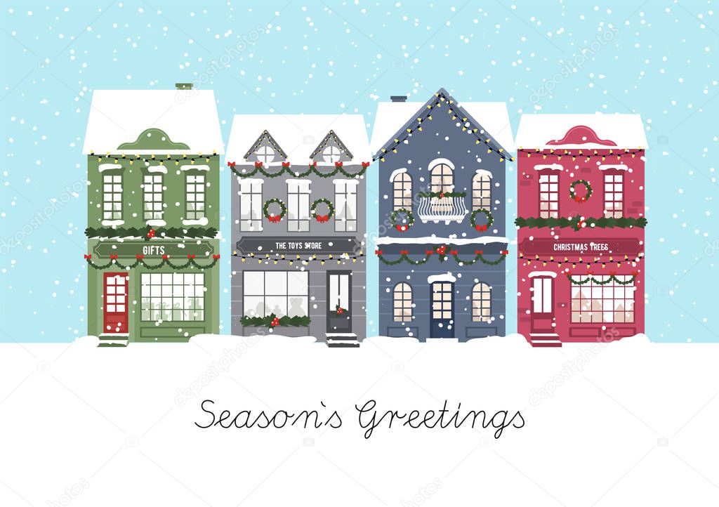 Cute Christmas houses. Winter village. Decorated Houses town. Season s Greetings. Vector