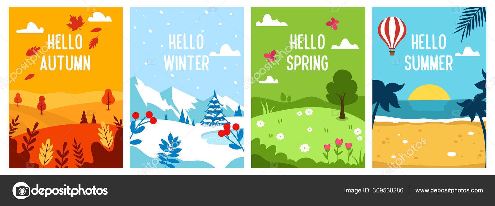 Seasons backgrounds. Autumn, Spring, Summer, Winter. Flat banners ...