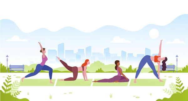 Yoga im Park. Frauen in unterschiedlichen Yoga-Posen. Yoga-Workout im Sommer — Stockvektor