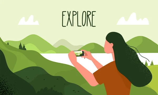 Explore. Nature landscape. Woman taking a picture. Vector — Stock Vector