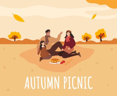 Sonbaharda aile pikniği. Elmalı pasta. Sıcak sonbahar pikniği. Vektör