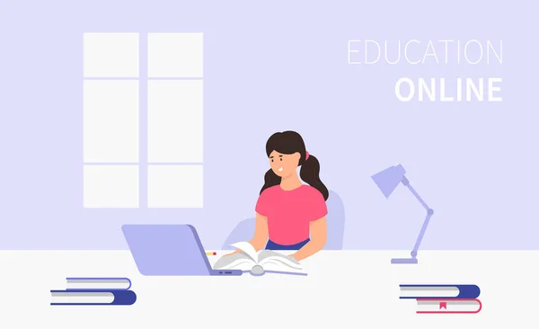 Education online. Elementary school student doing homework. Laptop, books. Vector — Stock Vector