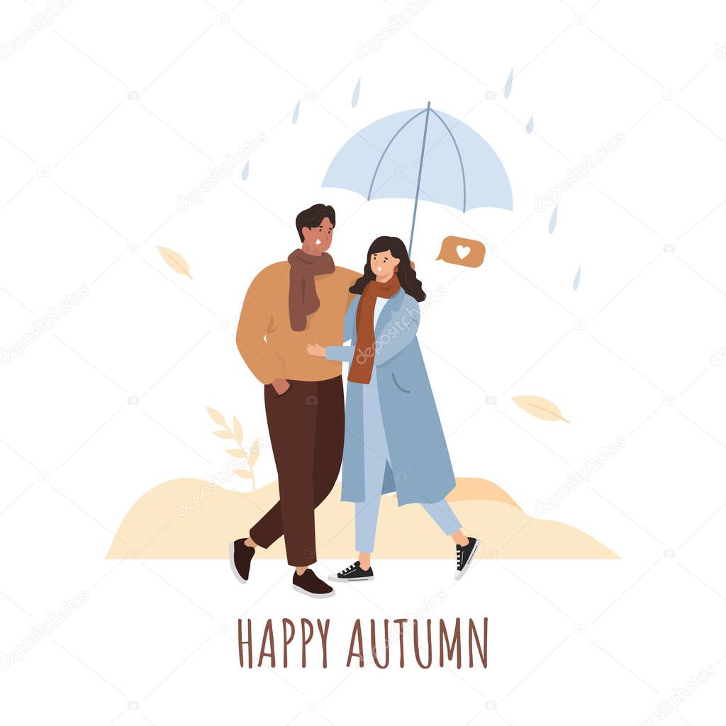Happy autumn. Couple walking with umbrella. Rain. Vector