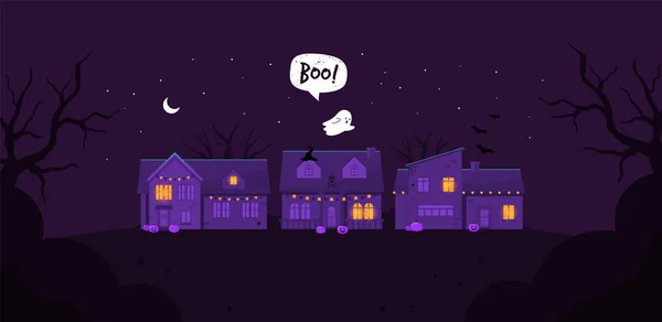 Halloween night houses. Cute houses. Ghost. Flat style. Vector — Stock Vector