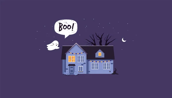 Casa de Halloween con un fantasma. ¡Boo! escena nocturna. Estilo plano. Vector — Vector de stock