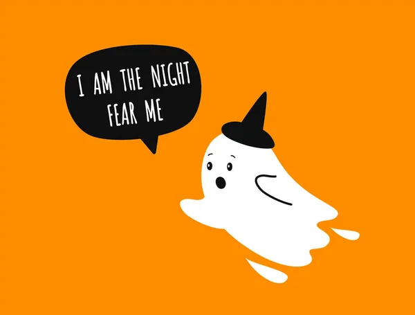 Soy la noche que me teme. Fantasma gracioso. Fondo naranja hallowen. Vector — Archivo Imágenes Vectoriales