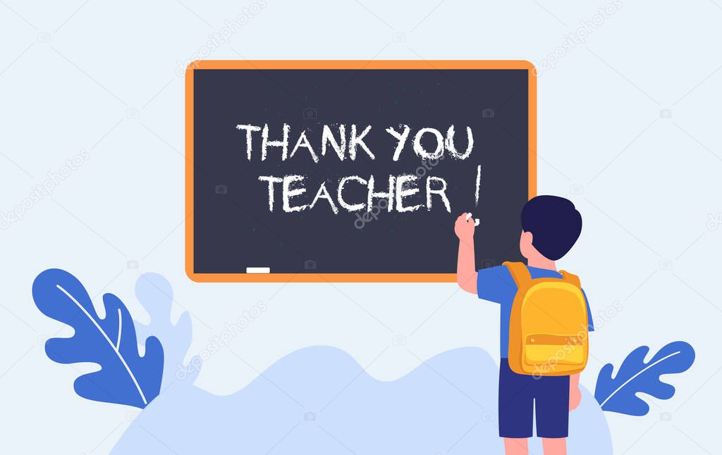 Thank you teacher. Teachers day. Elementary student writing on chalkboard. Schoolboy. Vector