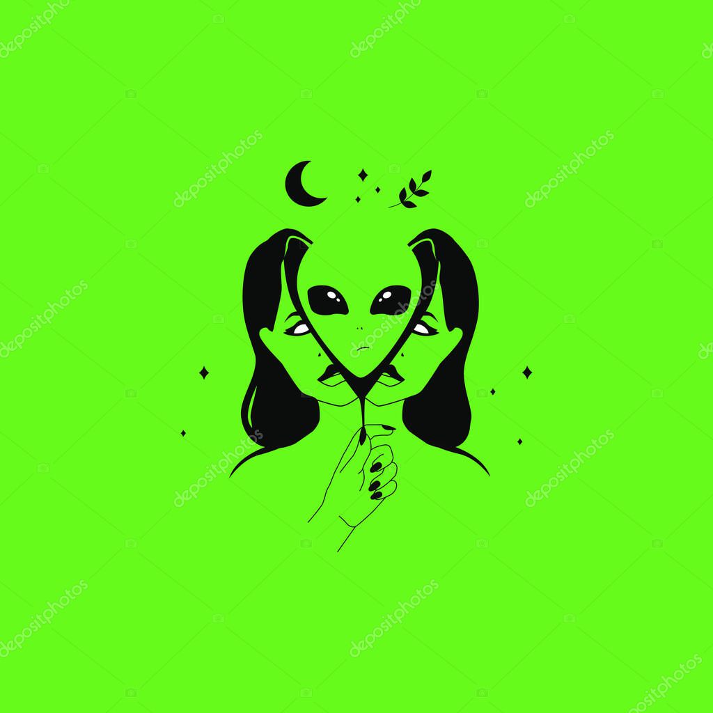 Alien in woman. Funny weird abstract t shirt print. Vector illustration