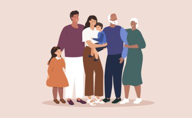 Mutlu gülümseyen büyük aile. Anne, baba, çocuklar, büyükanne ve büyükbaba. Vektör