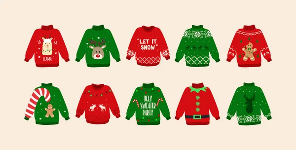 Set de suéteres feos navideños. Bonito jersey doodles. Aislado. Vector — Vector de stock