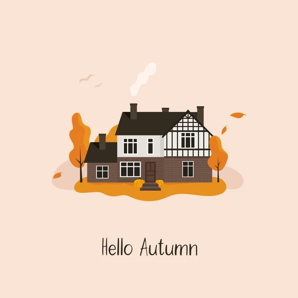 Olá Autumn Bonita Casa Floresta Queda Ilustração Vetorial — Vetor de Stock