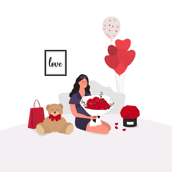 幸せな女の子のベッドの上に座っている バレンタインデープレゼント 驚きだ ベクターイラスト — ストックベクタ