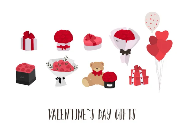 День Святого Валентина Подарунки Ідеї Троянди Повітряні Кульки Цукерки Векторні — стоковий вектор