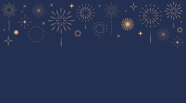 Altın havai fişek sınırı. 2026 yılbaşı kutlaması. Havai fişek konfetisi yıldız patlaması. Bayram çizgisi sanatı. Vektör illüstrasyonu