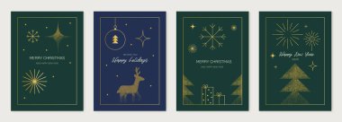 Noel kartları dikey toplanıyor. Lüks altın renginde yeni yıl şablonları. Vektör illüstrasyonu