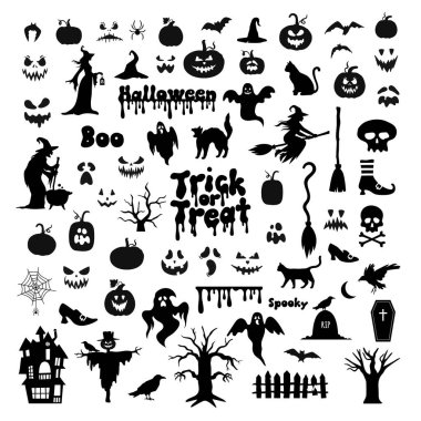 Cadılar Bayramı siluetleri. Korkunç Cadılar Bayramı hayalet cadı evi ikonları. Şeker mi şaka mı? Vektör illüstrasyonu