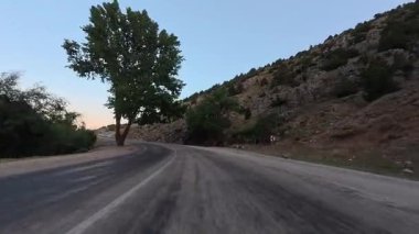 Dağ yolu kavisi. Yol ağaçları gökyüzü. Yüksek kalite fotoğraf