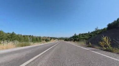 Boş viraj yolu. Yol ağaçları gökyüzü. Yüksek kalite fotoğraf