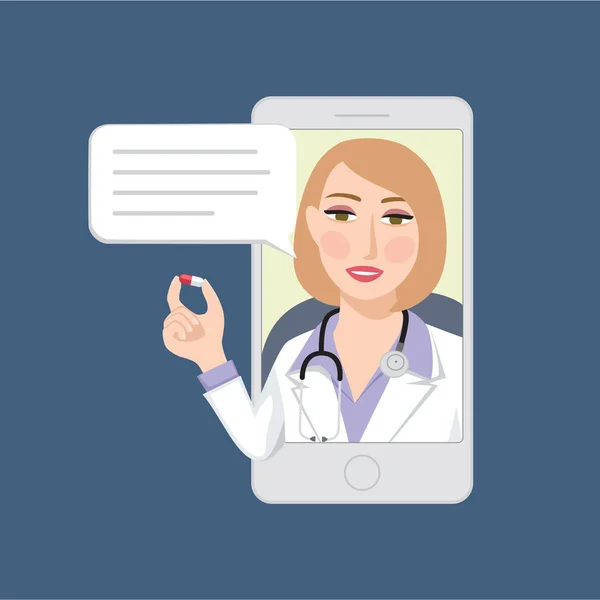 Kadın Doktor Hastaya Görüntülü Görüşme Için Hapları Vermeye Online Tıbbi — Stok Vektör