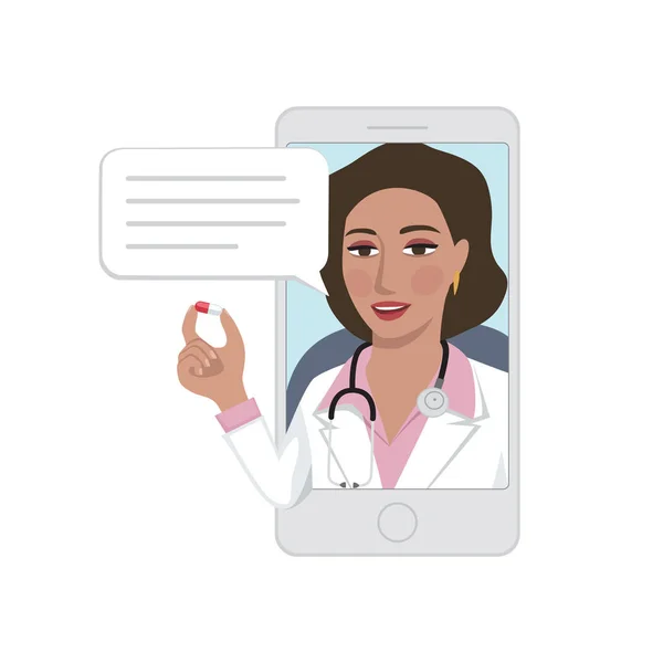 Онлайн Жінка Лікар Тримає Капсулу Розмовляючи Пацієнтом Візьміть Свої Таблетки — стоковий вектор