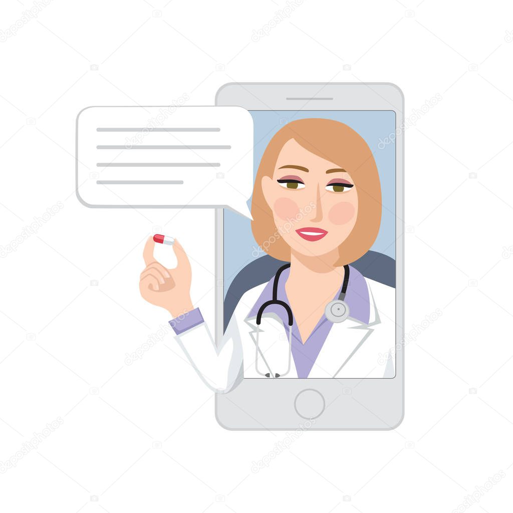 Female doctor prescribing drugs through video call. Online medical consultation concept, Modern medicine and healthcare system support. Isolated vector illustration