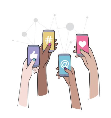 Sosyal medya etkileşim. Erkek holding akıllı telefonlar ile sosyal ağ uygulamaları kutsal kişilerin resmi eller. Online iletişim ve bağlantı. İzole vektör çizim.