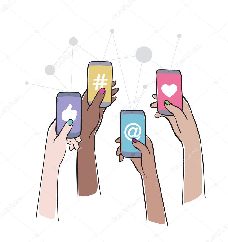 Social Media Interaction. Female hands holding smartphones with social network apps icons. Online communication and connection. Isolated vector illustration.