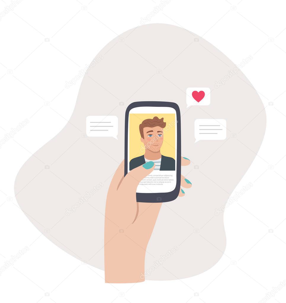 Cyberstalking. Sending heart and text to a handsome man on social application. Searching for romantic relationship. Vector illustration