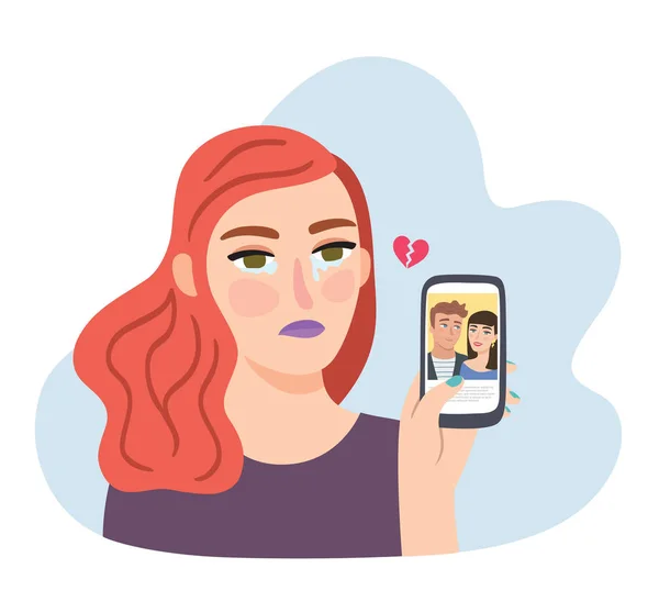 Gebroken hart op sociale media. Stalking ex-vriendje met nieuwe vriendin op mobiele applicatie. — Stockvector