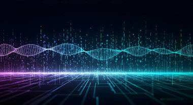 Teknolojik ve bilimsel kavramları temsil eden akış çizgileriyle soyut mavi fraktal ızgara deseni