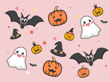 Açık pembe arka planda, tekstil ve davetiyeler için uygun hayalet, yarasa, balkabağı ve cadı şapkaları gibi şirin Cadılar Bayramı karakterleri içeren kusursuz bir desen.