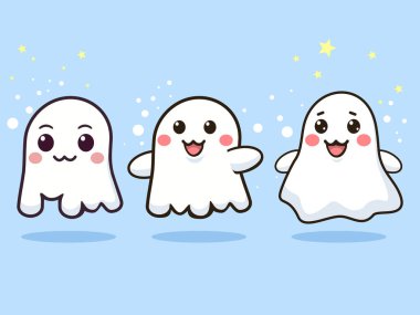 Gül yanaklı, neşeli bir ifadeyle üç sevimli çizgi film hayaletinden oluşan bir grup. Cadılar Bayramı teması ya da çocuk dostu ürkütücü tasarımlar için mükemmel..