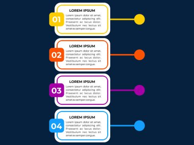 Dört basamaklı dikey bilgi, numaralandırılmış kutular ve canlı renkler. Sunumlar, veri akışı şemaları ve eğitim materyalleri için mükemmel.