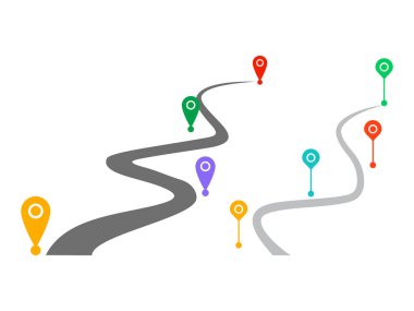 Dolambaçlı yol haritasının değişik renkli lokasyonları olan bir tasviri, seyahat temaları, nakliye rotaları veya navigasyon için mükemmel.