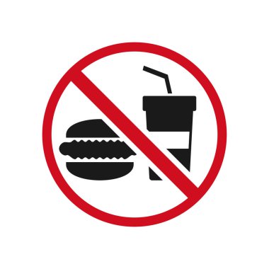 Burger ve içecekle kırmızı yasak işareti işaretli, yeme bölgeleri, halka açık tabelalar, sağlık kuralları ve etkinlik ya da tesis kuralları için uygun..