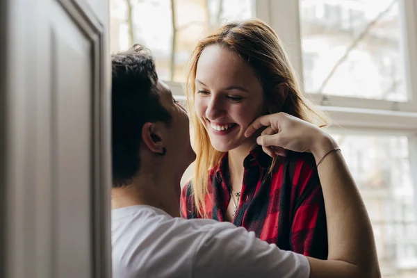 Boyfriend Sensually Touch Girlfriend Face Window Home — Stock Photo, Image