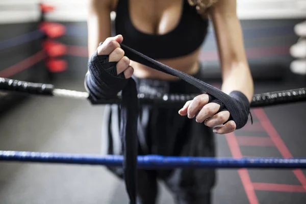 Fitness Woman Sport Clothes Coiling Boxing Bandage — Stock Photo, Image