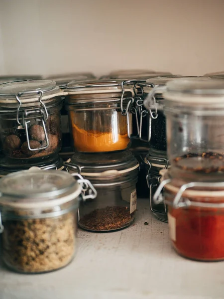 Closeup View Different Spices Jars — Stock Photo, Image