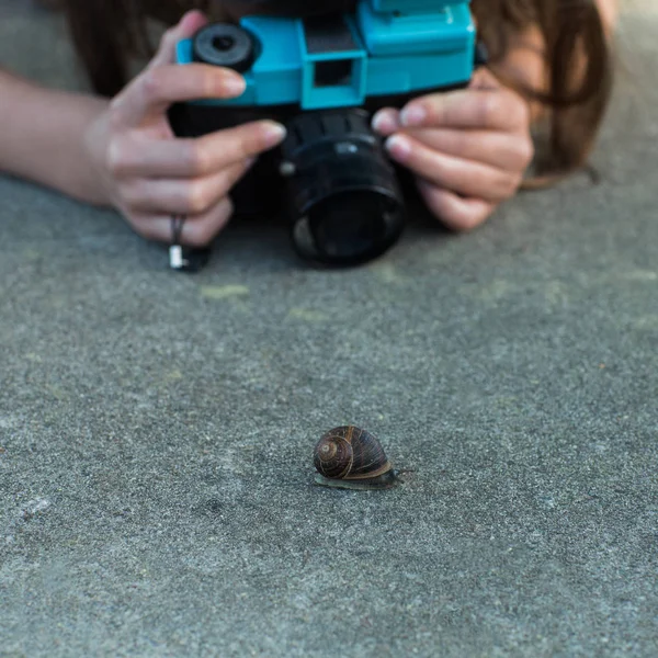 Mains féminines tir escargot — Photo